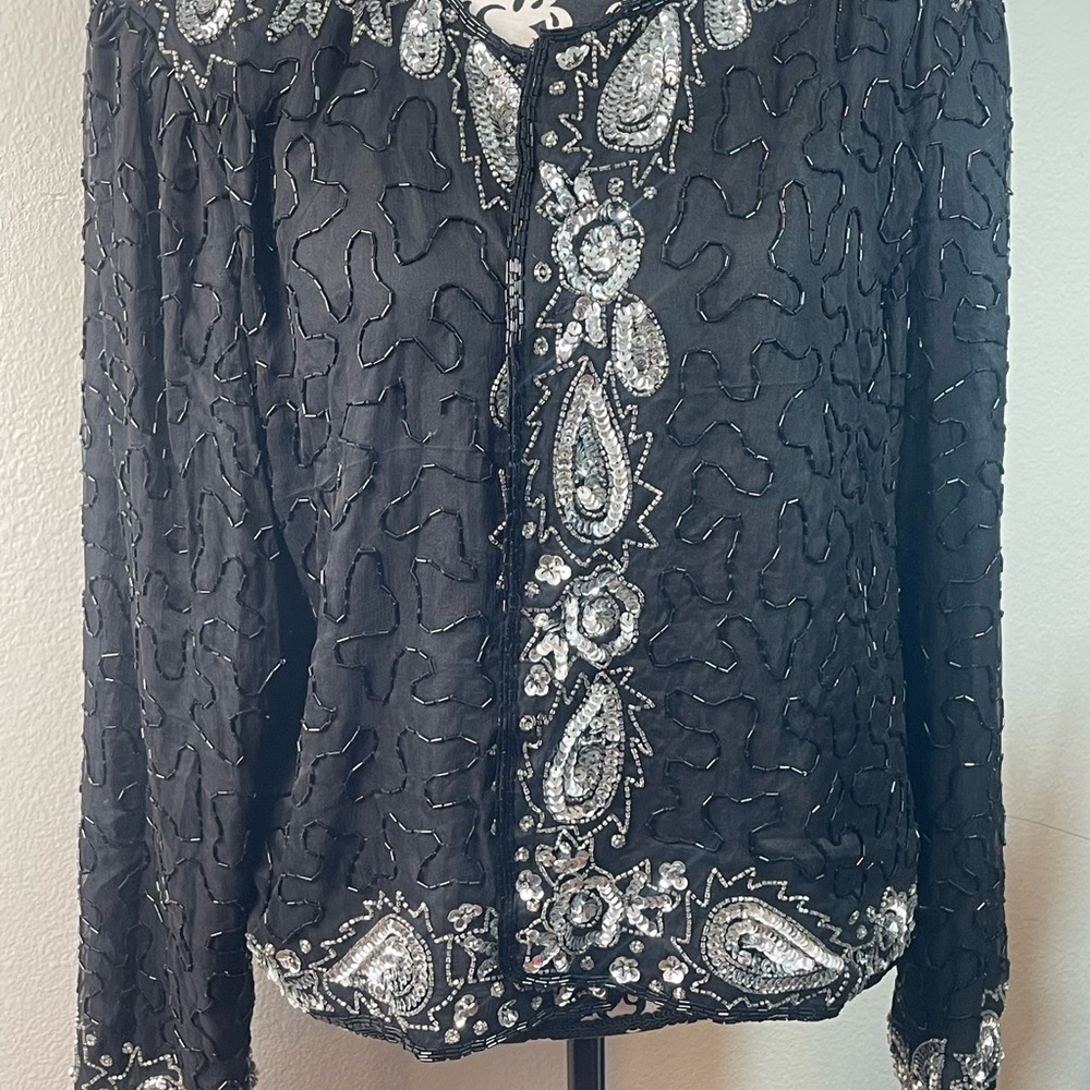 Vintage Black Silk Beaded Sequin Jacket Evening Formal Paisley Size XXXL​ - Picture 2 of 13
